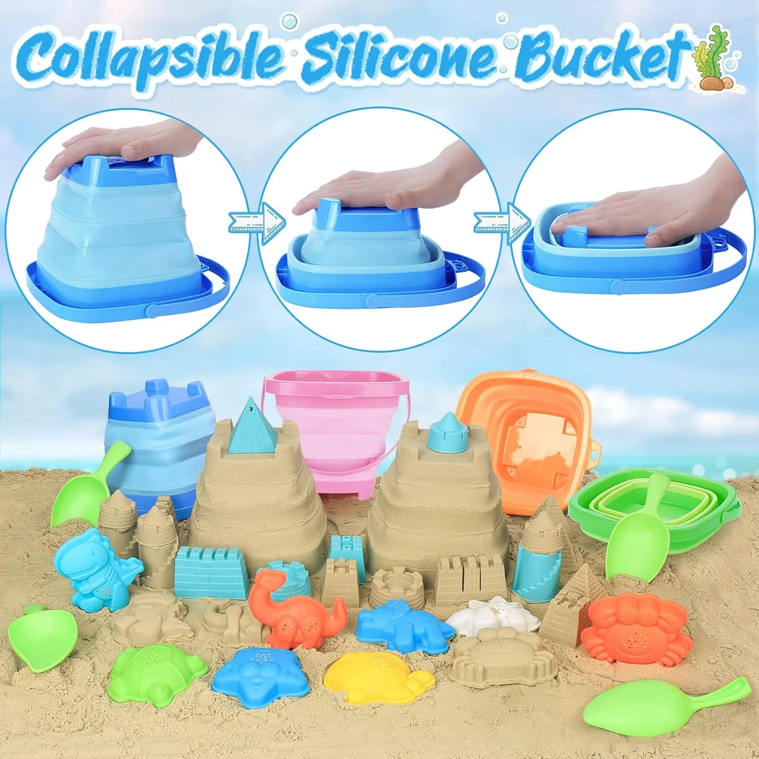 4 Packs Foldable Beach Buckets Set, Collapsible Bucket with Sand Shovels and Mesh Bag for Kids Toddlers Beach Toys, Silicone Sand Pails, Easter Egg Hunt, Camping, Travelling and Fishing Water Pail