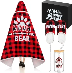 4 Pcs Mama Bear Gifts from Daughter Son, Christmas Mama Bear Wearable Blanket Slippers Cup Hoodie Gift for Mom