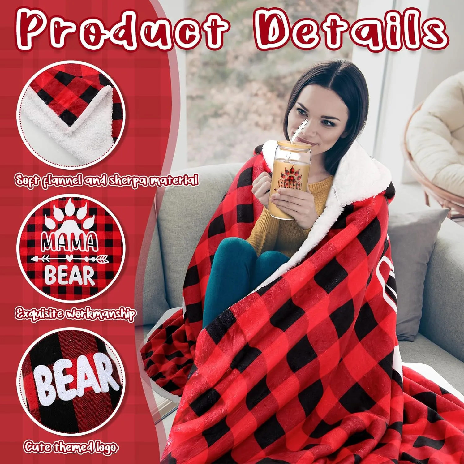 4 Pcs Mama Bear Gifts from Daughter Son, Christmas Mama Bear Wearable Blanket Slippers Cup Hoodie Gift for Mom