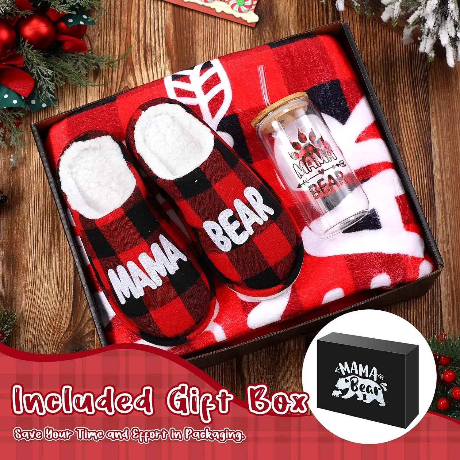 4 Pcs Mama Bear Gifts from Daughter Son, Christmas Mama Bear Wearable Blanket Slippers Cup Hoodie Gift for Mom
