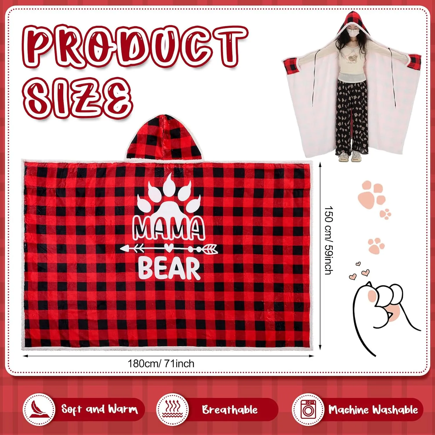 4 Pcs Mama Bear Gifts from Daughter Son, Christmas Mama Bear Wearable Blanket Slippers Cup Hoodie Gift for Mom
