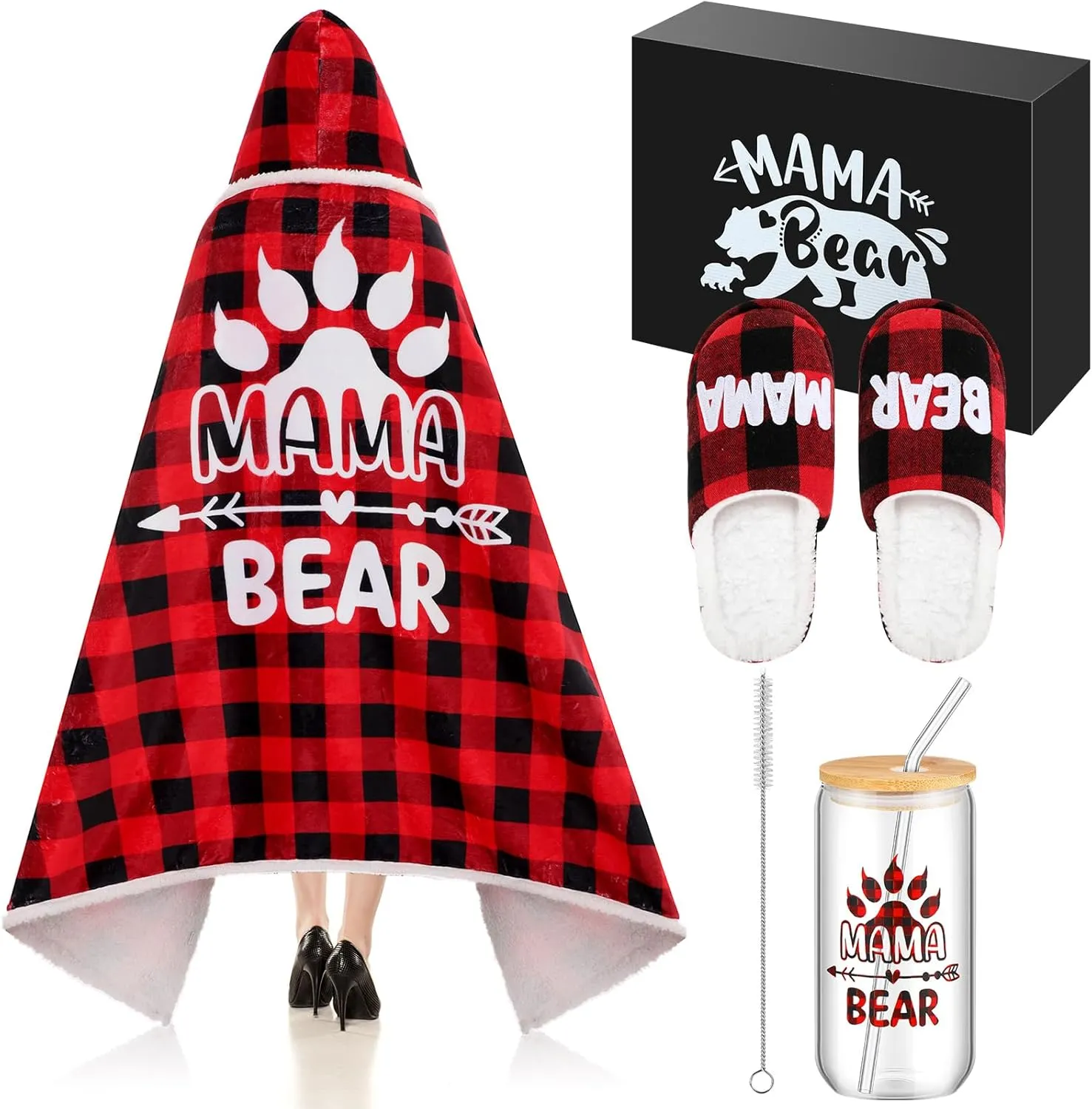 4 Pcs Mama Bear Gifts from Daughter Son, Christmas Mama Bear Wearable Blanket Slippers Cup Hoodie Gift for Mom