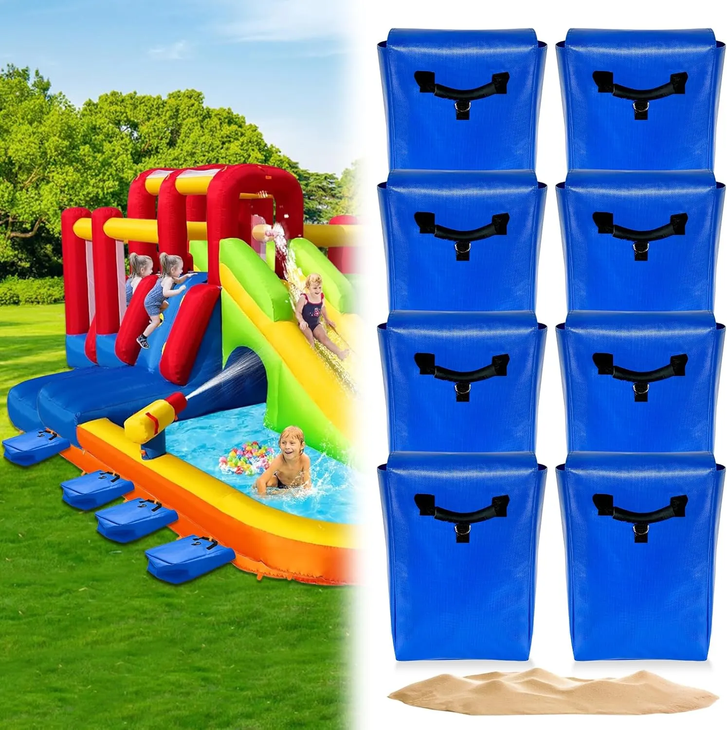 4 Pcs Waterproof Sturdy Outdoor Toy Sandbag with Handles, 50lb Capacity, Upgraded Labor Saving Handles 4pcs - Safe Inflatable Bounce Houses, Water Slides and Tents, Blue (4)