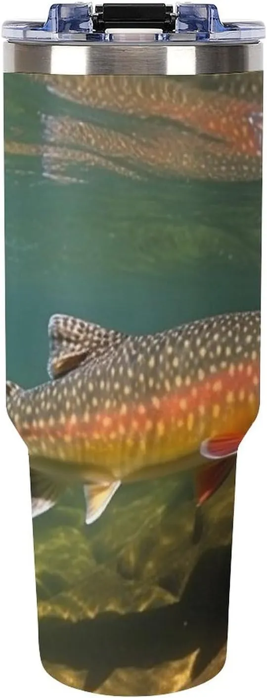40 Oz Tumbler Brook Trout Fly Fishing Insulated Tumbler Travel Coffee Mug with Straw Lid Stainless Steel Water Bottle Vacuum Insulated Tumbler for Sport Work Car Travel Weekends