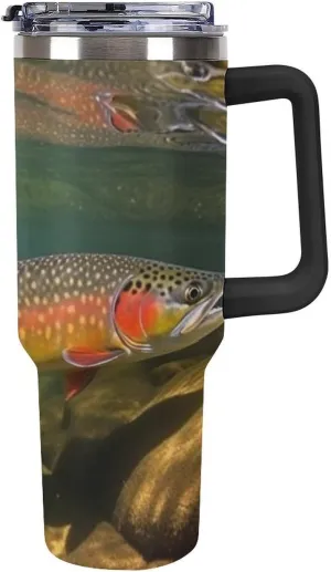 40 Oz Tumbler Brook Trout Fly Fishing Insulated Tumbler Travel Coffee Mug with Straw Lid Stainless Steel Water Bottle Vacuum Insulated Tumbler for Sport Work Car Travel Weekends
