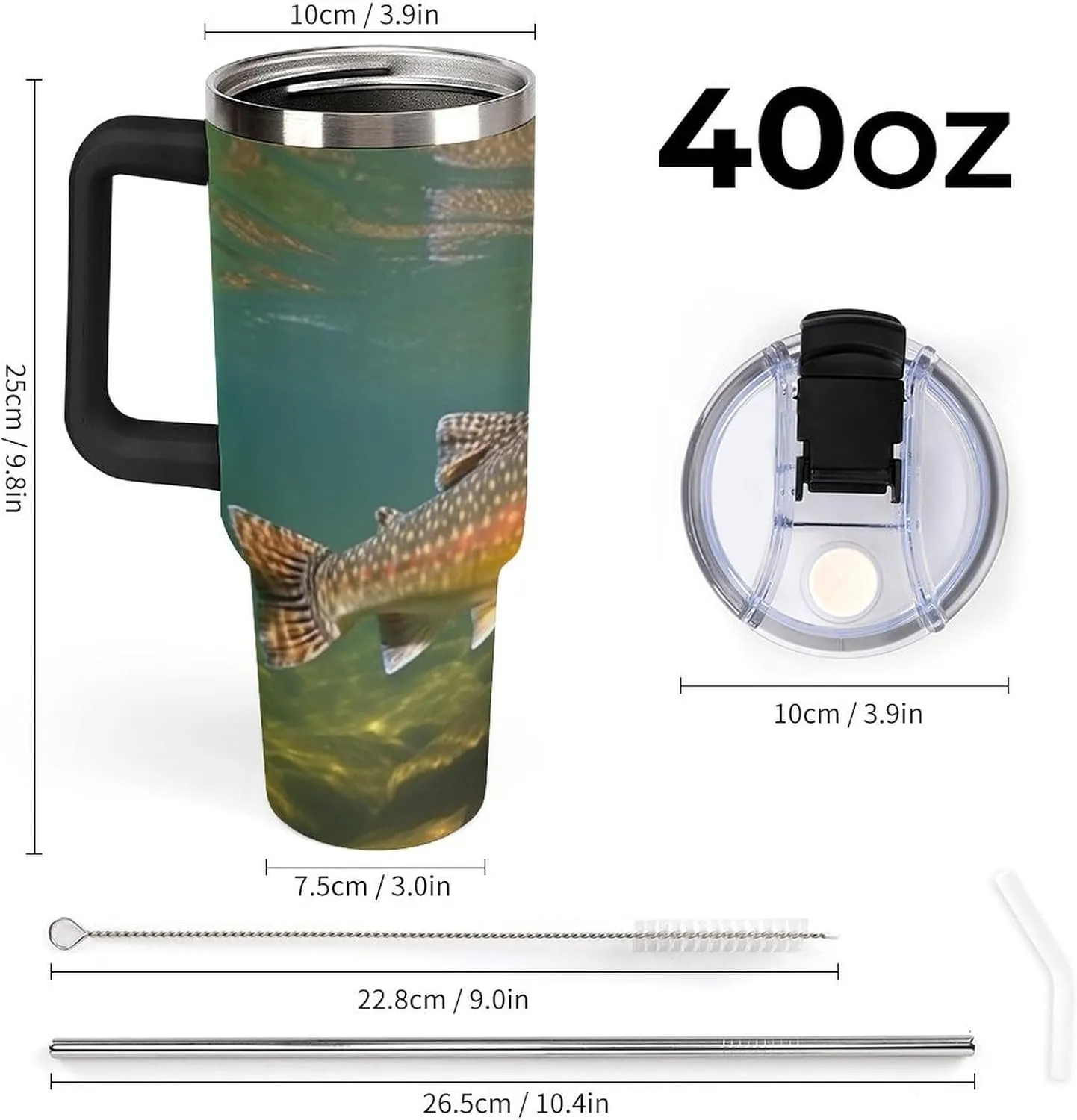40 Oz Tumbler Brook Trout Fly Fishing Insulated Tumbler Travel Coffee Mug with Straw Lid Stainless Steel Water Bottle Vacuum Insulated Tumbler for Sport Work Car Travel Weekends