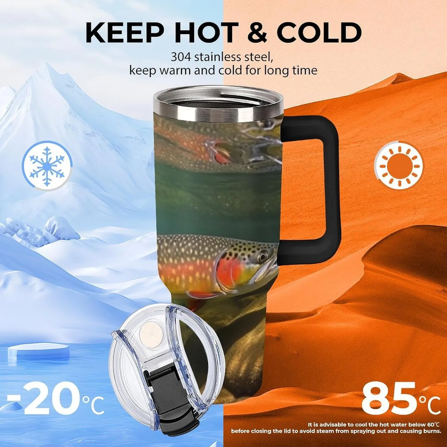 40 Oz Tumbler Brook Trout Fly Fishing Insulated Tumbler Travel Coffee Mug with Straw Lid Stainless Steel Water Bottle Vacuum Insulated Tumbler for Sport Work Car Travel Weekends
