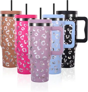 40 oz Tumbler with Handle and Straw Lid, Vacuum Insulated Tumblers Stainless Steel Water Bottle Travel Mug Coffee Cup Spill Proof Leak Proof Tumbler 40 Ounce for Hot Iced Cold (Purple Leopard)