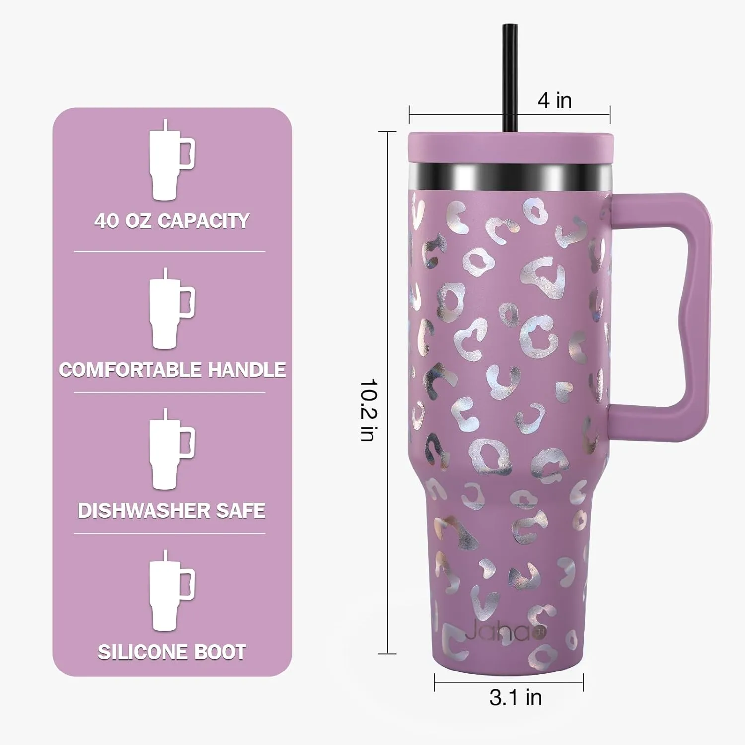 40 oz Tumbler with Handle and Straw Lid, Vacuum Insulated Tumblers Stainless Steel Water Bottle Travel Mug Coffee Cup Spill Proof Leak Proof Tumbler 40 Ounce for Hot Iced Cold (Purple Leopard)