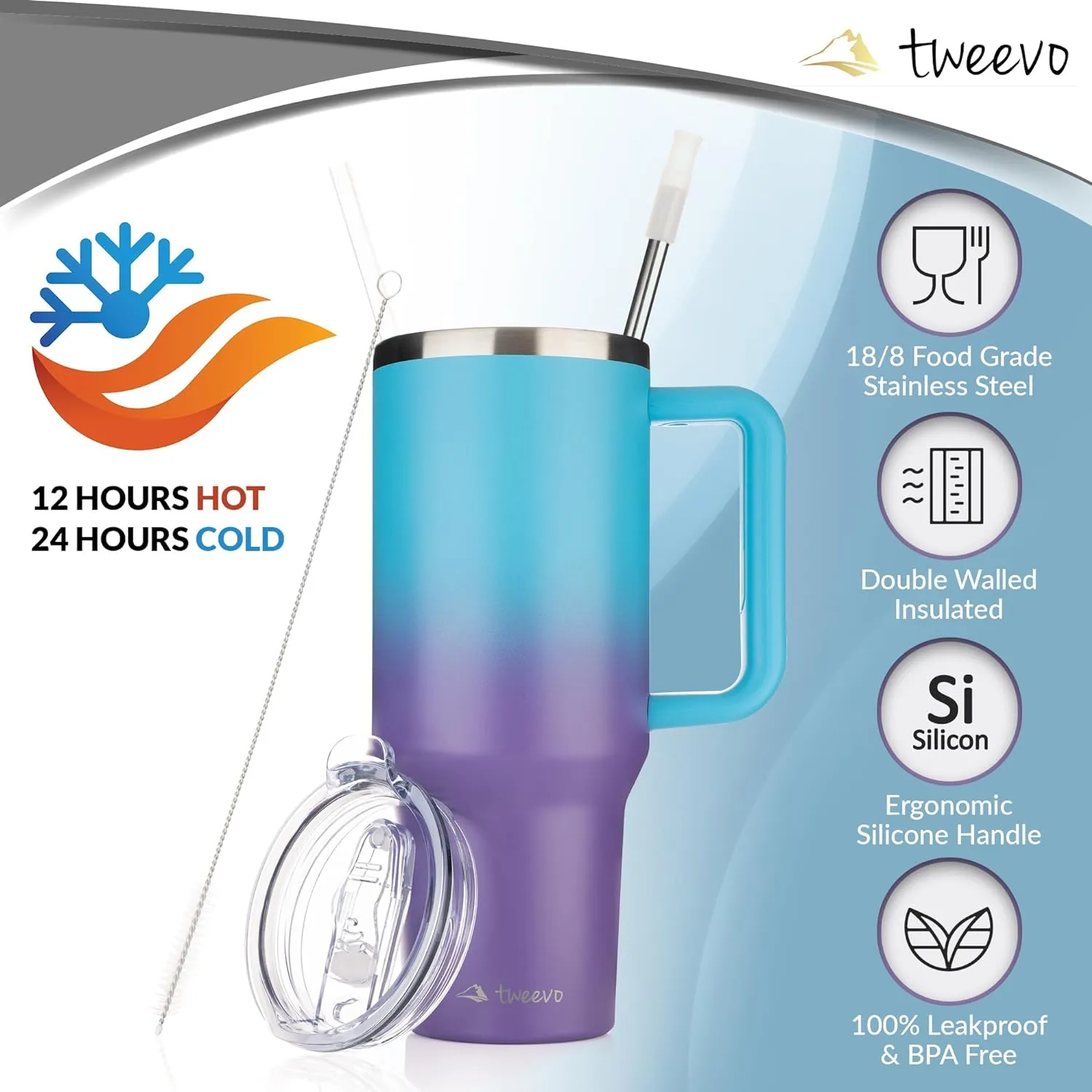 40 oz Tumbler With Handle and Straw Made of Stainless Steel - Double Wall Vacuum Insulated Tumbler With Lid - Sweat Proof Easy Grip, BPA-Free, Dishwasher Safe Tumbler (Gradient Purple)