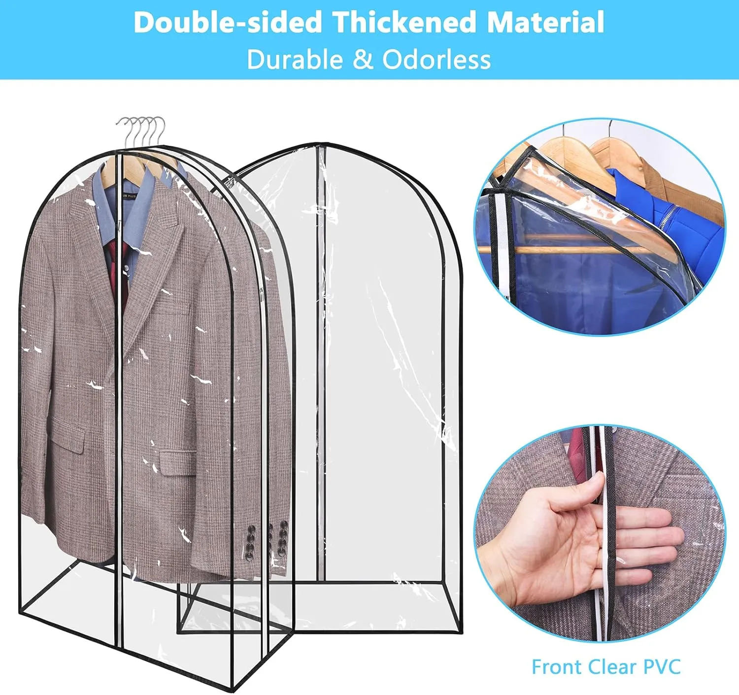 40" Full Clear Garment Bags for Hanging Clothes with 12" Gusset 2 Zippers Transparent Suit Bags Protector Cover for Travel Moving Closet Storage Sweater Jacket Coat Shirts (5 Pack)