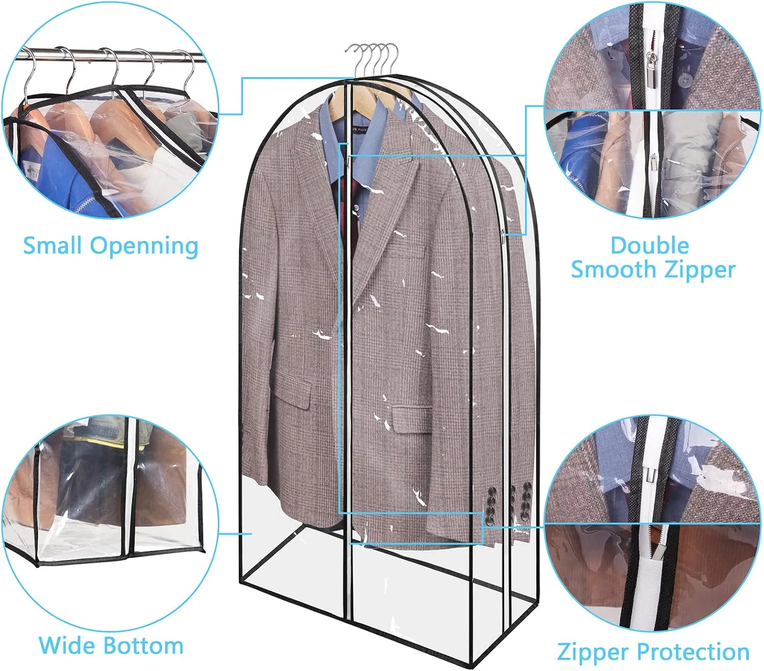 40" Full Clear Garment Bags for Hanging Clothes with 12" Gusset 2 Zippers Transparent Suit Bags Protector Cover for Travel Moving Closet Storage Sweater Jacket Coat Shirts (5 Pack)