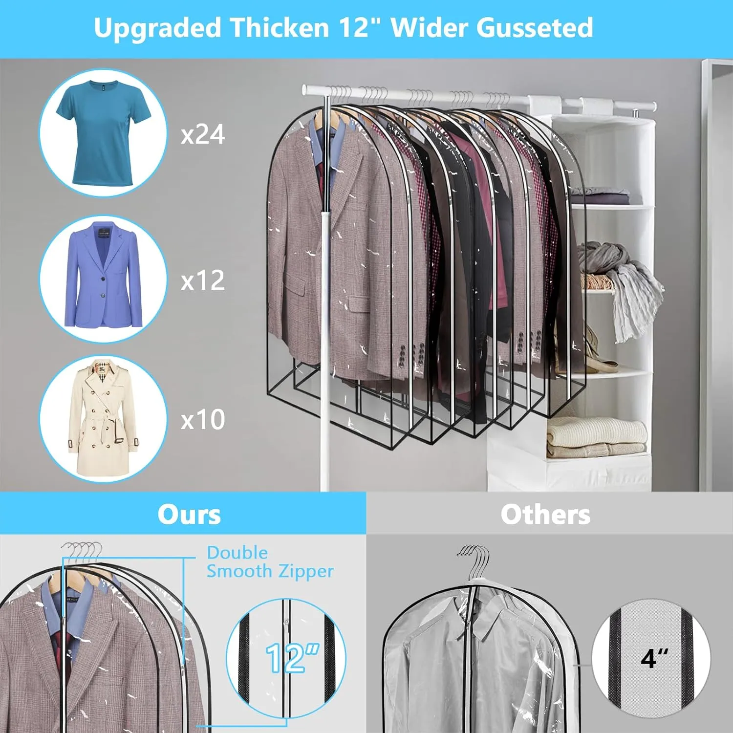 40" Full Clear Garment Bags for Hanging Clothes with 12" Gusset 2 Zippers Transparent Suit Bags Protector Cover for Travel Moving Closet Storage Sweater Jacket Coat Shirts (5 Pack)