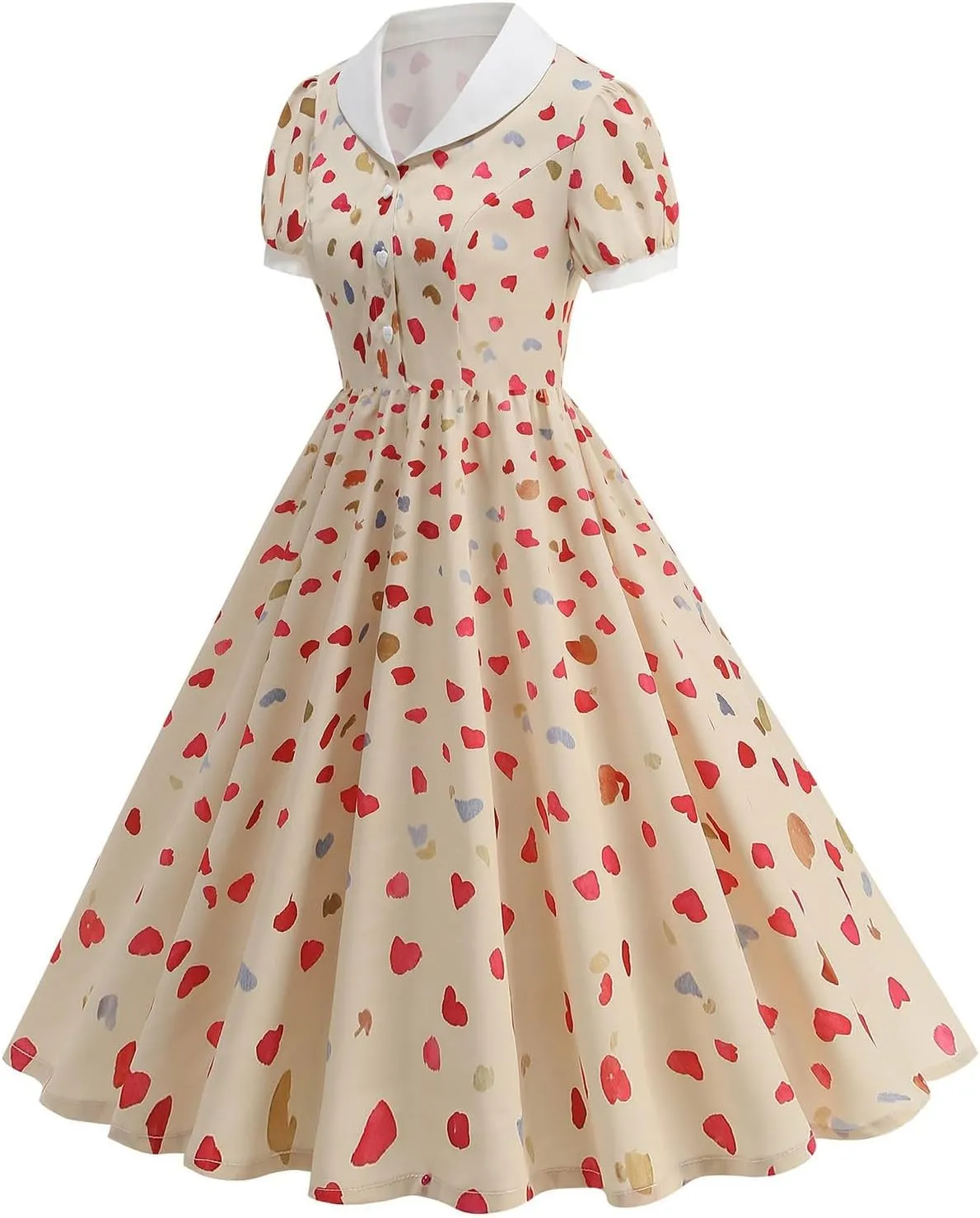 50s Hepburn Dresses for Women Vintage Print Short Puff Sleeve Lapel Button Swing Cocktail Party Homecoming Prom Dress