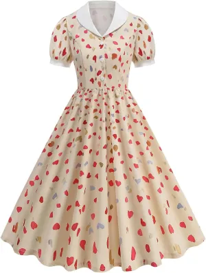 50s Hepburn Dresses for Women Vintage Print Short Puff Sleeve Lapel Button Swing Cocktail Party Homecoming Prom Dress