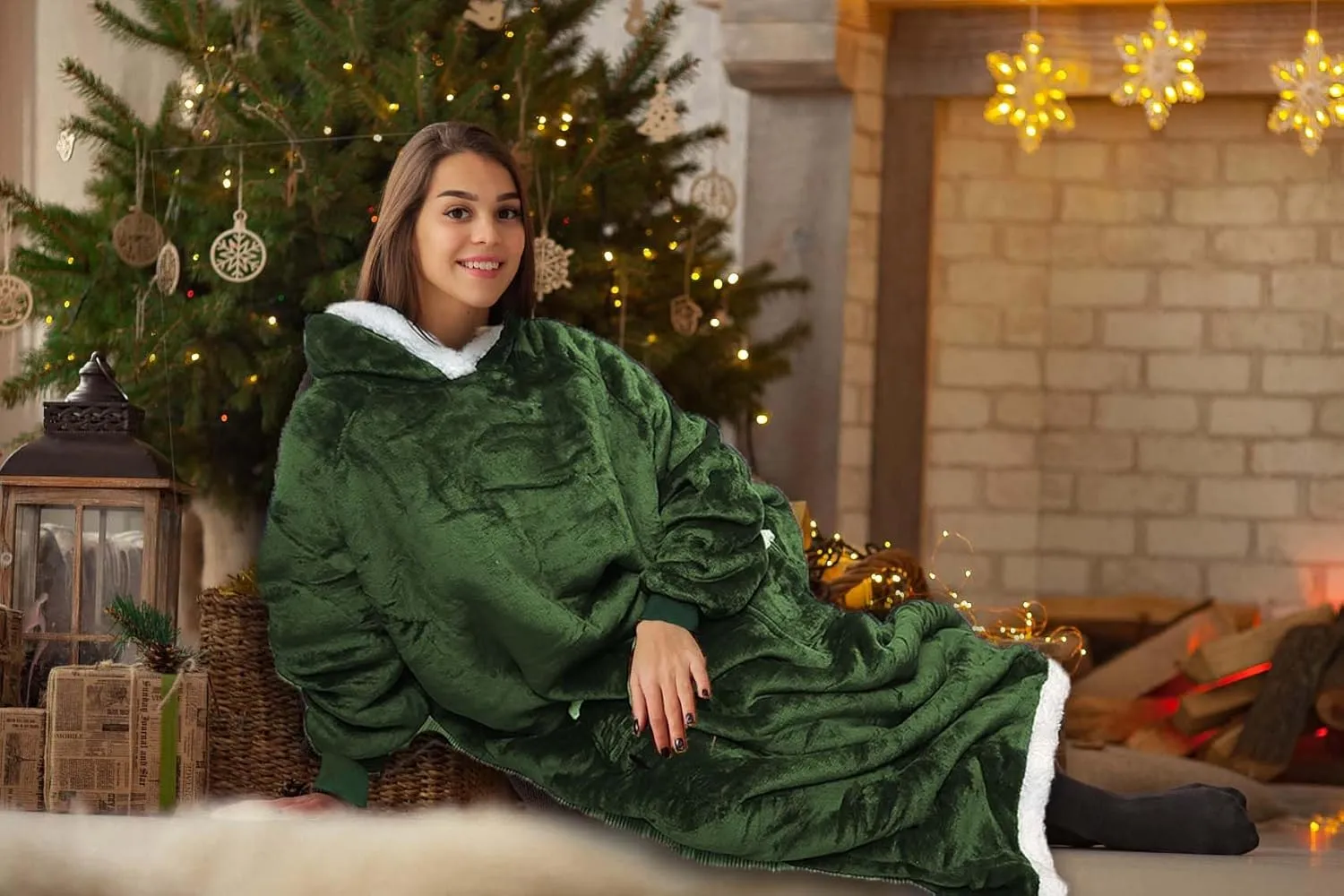 5FT Oversized Wearable Blanket Hoodie Flannel Sherpa Fleece Warm Cozy Christmas Wrap Throw Gifts for Adult