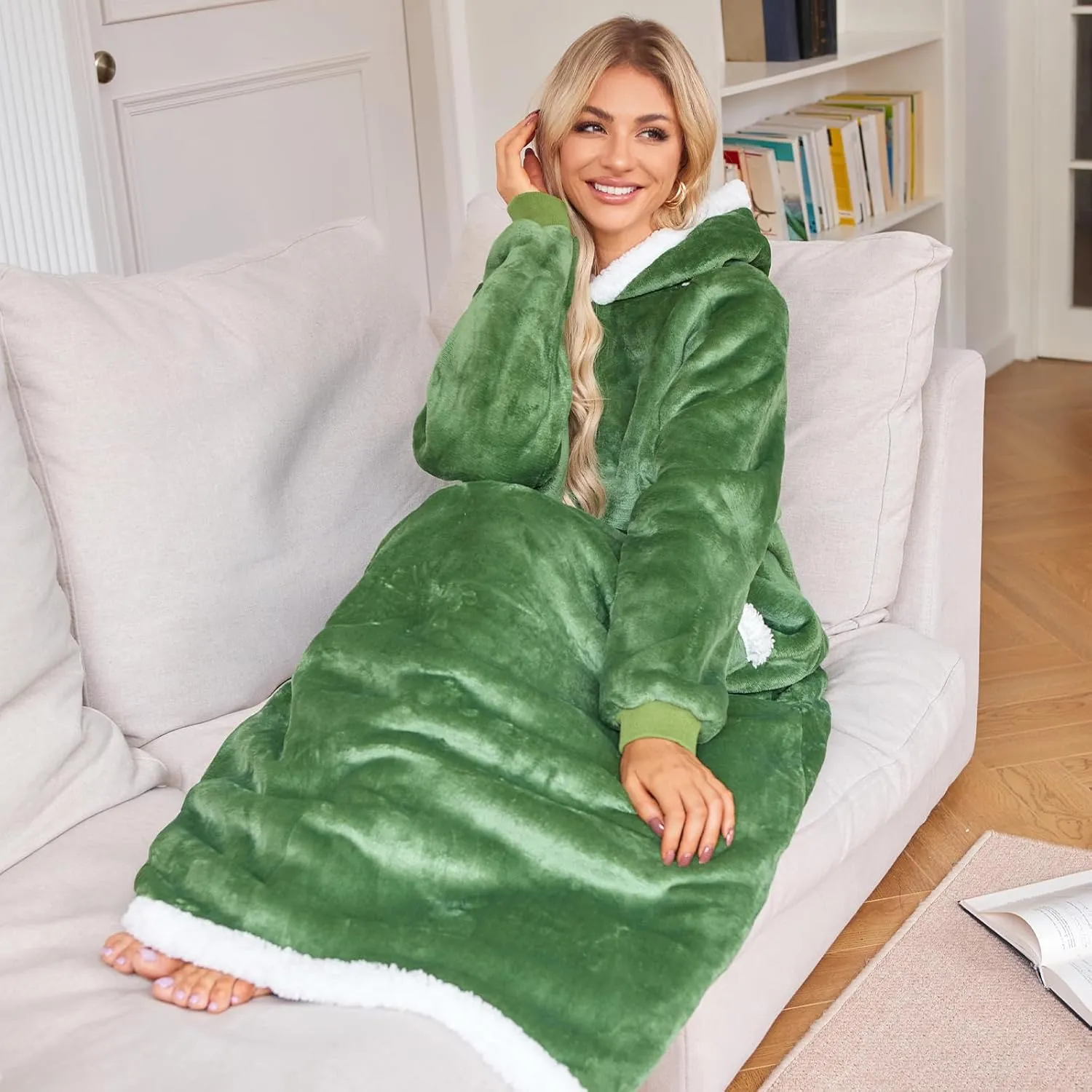 5FT Oversized Wearable Blanket Hoodie Flannel Sherpa Fleece Warm Cozy Christmas Wrap Throw Gifts for Adult