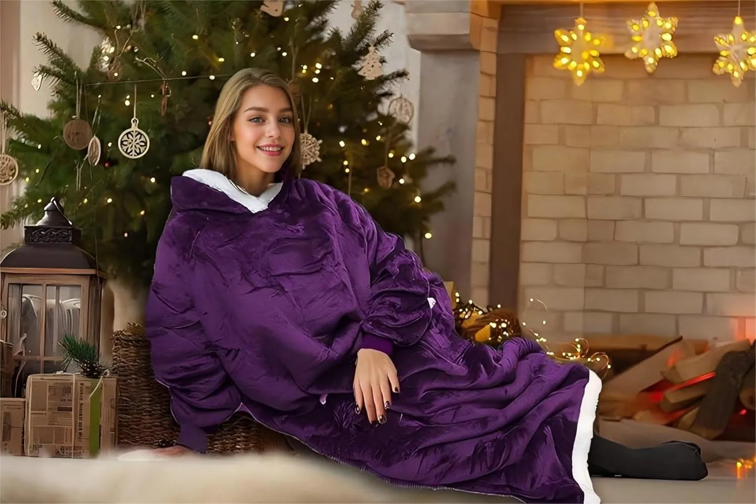 5FT Oversized Wearable Blanket Hoodie Flannel Sherpa Fleece Warm Cozy Christmas Wrap Throw Gifts for Adult