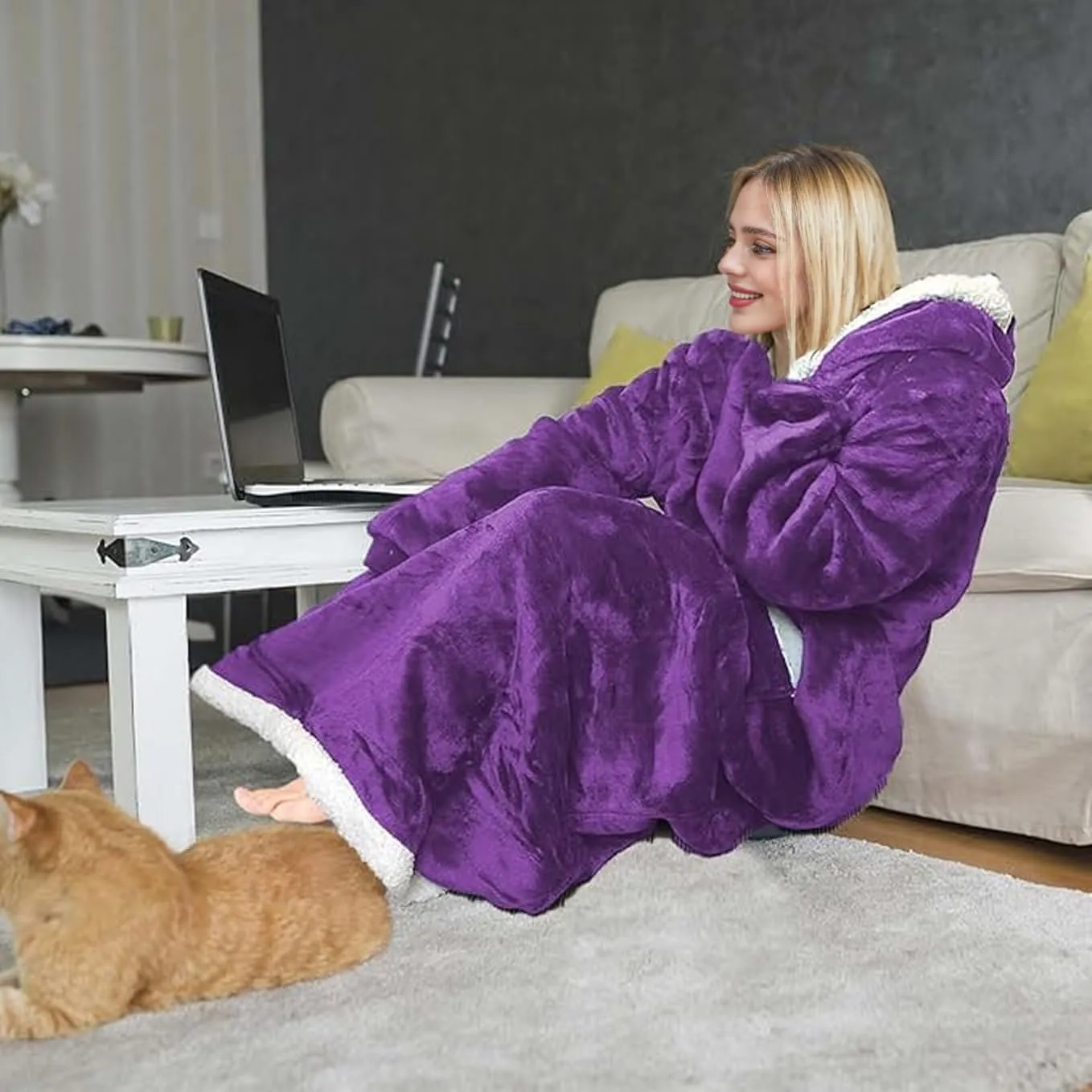 5FT Oversized Wearable Blanket Hoodie Flannel Sherpa Fleece Warm Cozy Christmas Wrap Throw Gifts for Adult