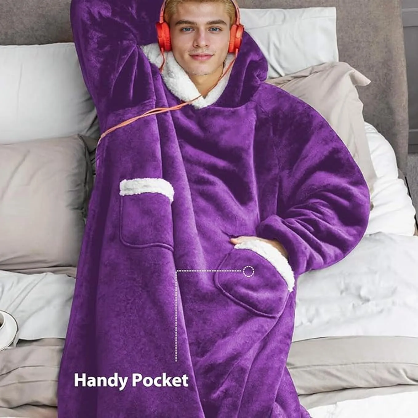5FT Oversized Wearable Blanket Hoodie Flannel Sherpa Fleece Warm Cozy Christmas Wrap Throw Gifts for Adult