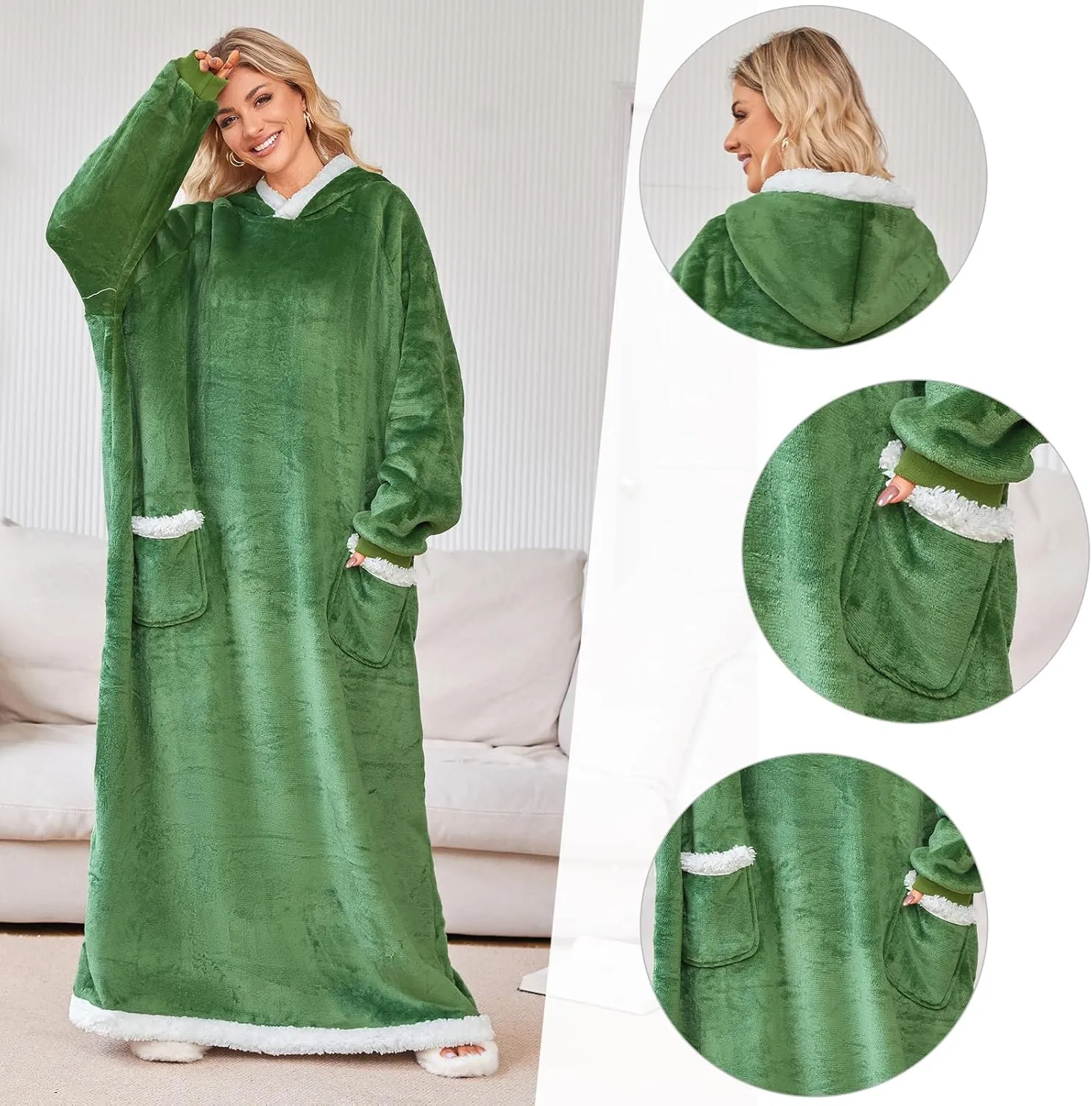 5FT Oversized Wearable Blanket Hoodie Flannel Sherpa Fleece Warm Cozy Christmas Wrap Throw Gifts for Adult