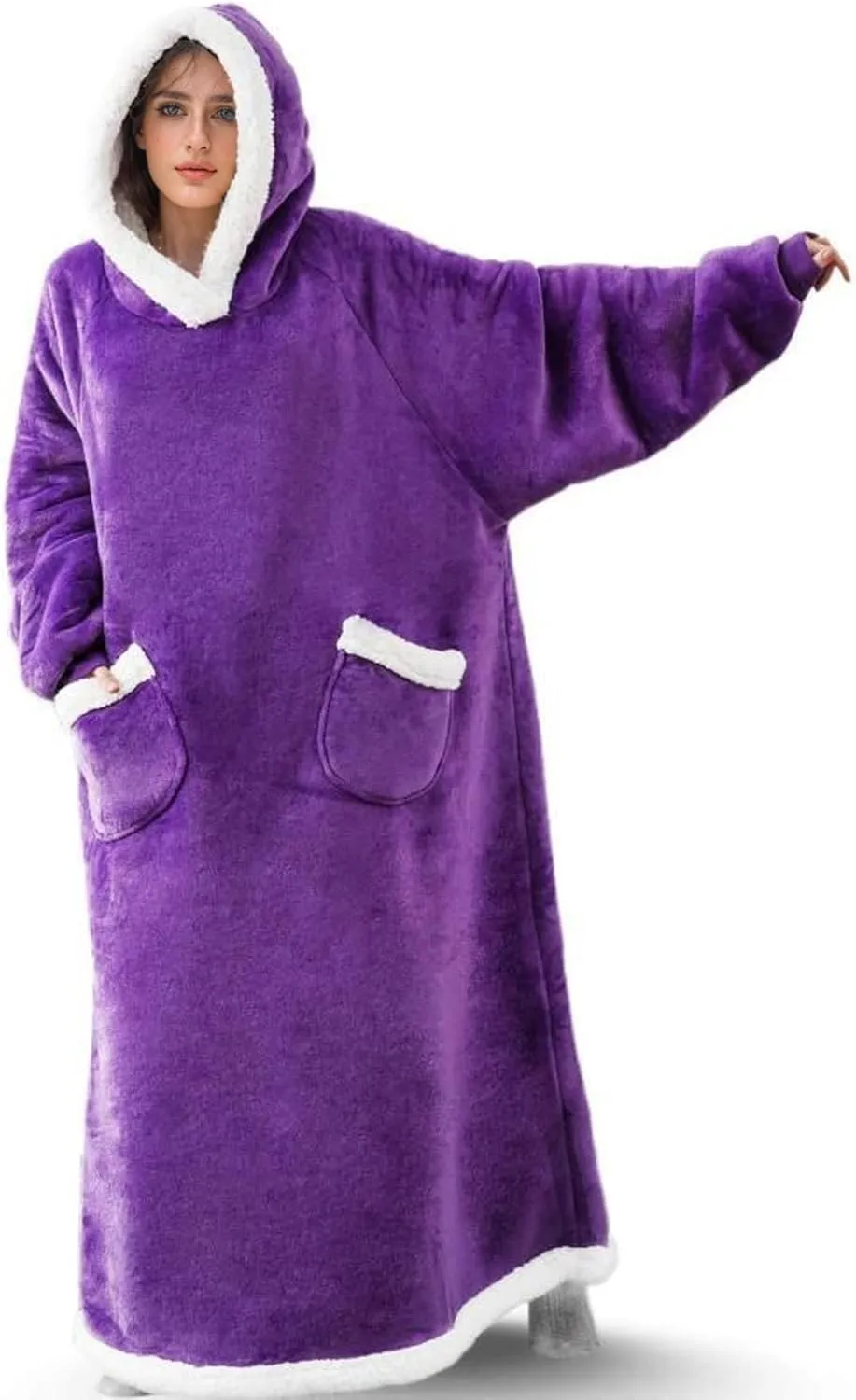 5FT Oversized Wearable Blanket Hoodie Flannel Sherpa Fleece Warm Cozy Christmas Wrap Throw Gifts for Adult