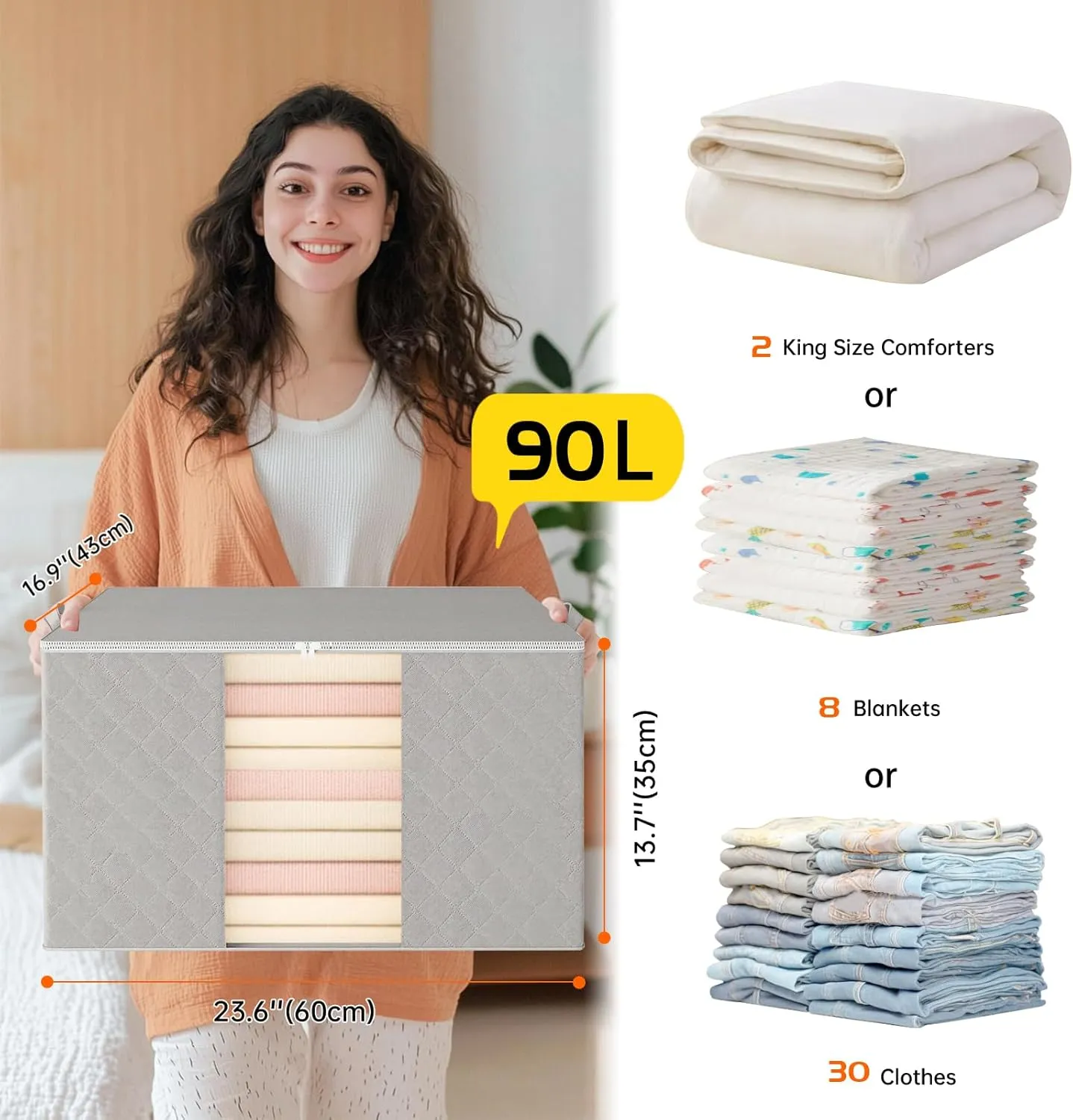 6 Pack Clothes Storage Bags - 90L Blanket Organizers and Storage for Closet Large Storage Bins with Lids and Zipper Storage Containers for King Comforter, Pillow and Sweater (Grey, 6 Pack)