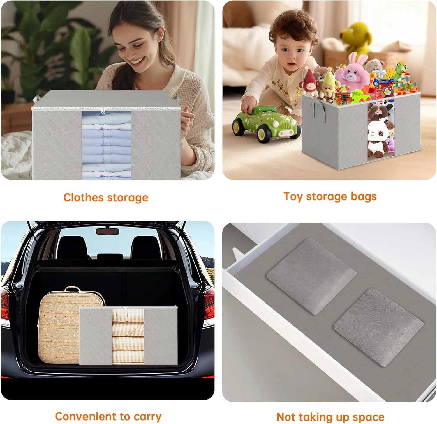 6 Pack Clothes Storage Bags - 90L Blanket Organizers and Storage for Closet Large Storage Bins with Lids and Zipper Storage Containers for King Comforter, Pillow and Sweater (Grey, 6 Pack)