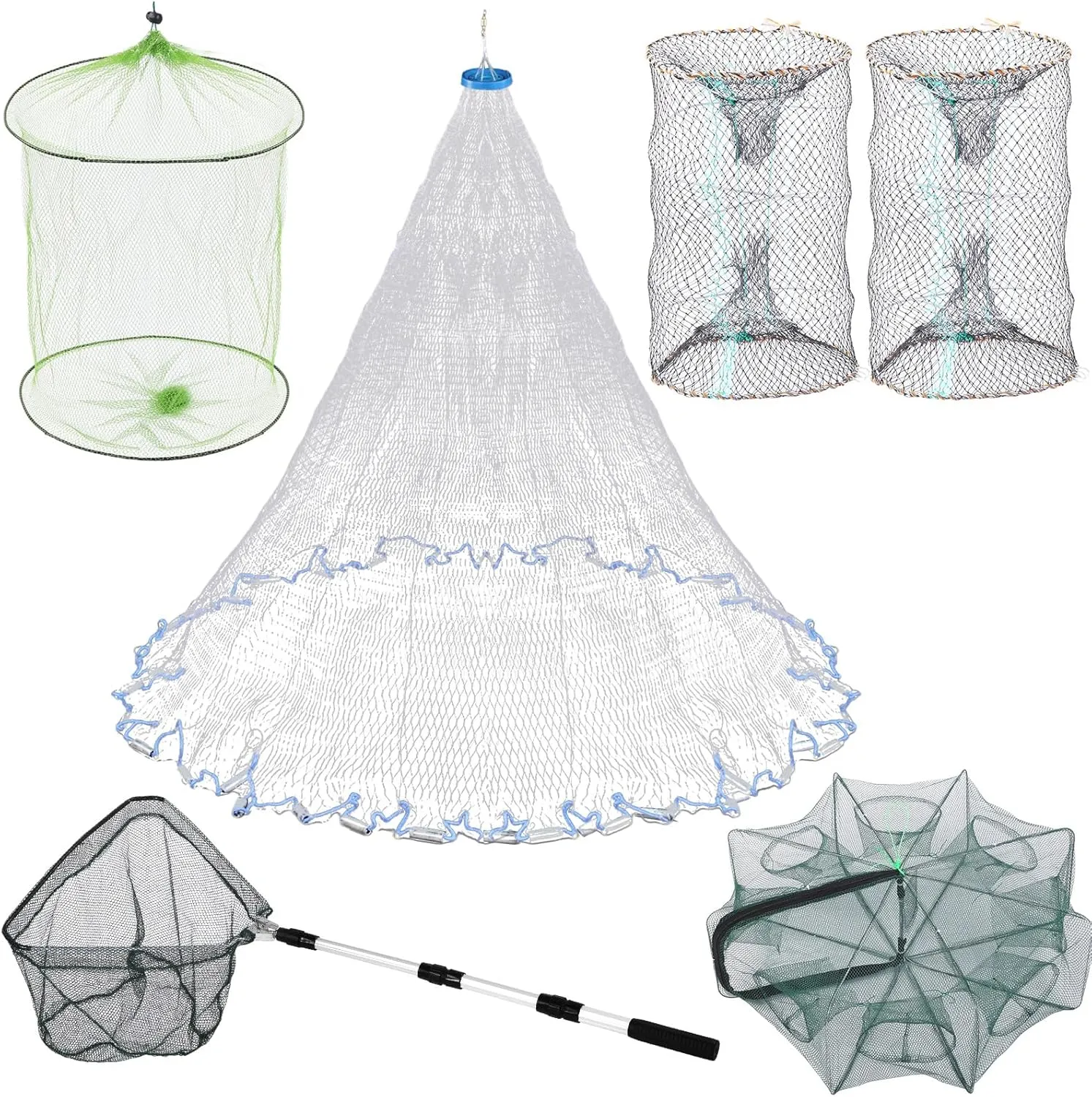 6 Pcs Fishing Net Trap Portable Folded, Crab Trap Minnow Trap, Fishing Landing Net with Telescoping Pole Handle, Casting Net Bait Trap with Heavy Duty Sinker and Storage Bucket