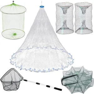 6 Pcs Fishing Net Trap Portable Folded, Crab Trap Minnow Trap, Fishing Landing Net with Telescoping Pole Handle, Casting Net Bait Trap with Heavy Duty Sinker and Storage Bucket
