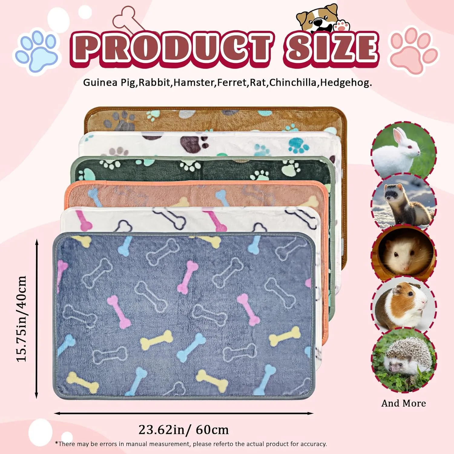 6 Pcs Washable Guinea Pig Bedding Absorbent Guinea Pig Fleece Blankets Cage Liners Reusable Pet Pee Pad Sleep Mat Pad Cover for Rabbit Rat Hamster Ferret Chinchilla Hedgehog (16"x24")