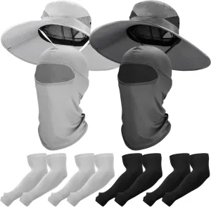 8 Pcs UV Protection Set 2 Wide Brim Bucket Sun Hat 2 Balaclava Face Breathable Mask 4 Pairs Cooling Compression