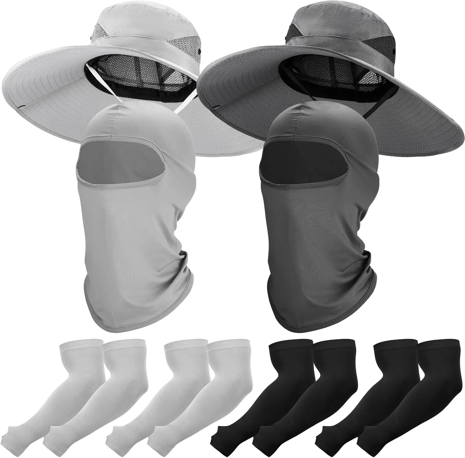 8 Pcs UV Protection Set 2 Wide Brim Bucket Sun Hat 2 Balaclava Face Breathable Mask 4 Pairs Cooling Compression