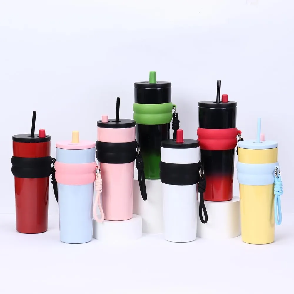 800ml Large Capacity 304 Stainless Steel Insulated Water Bottle, Portable Outdoor Straw Cup, Non-Slip, Leak-Proof, Car Cup (Red&Black 2)