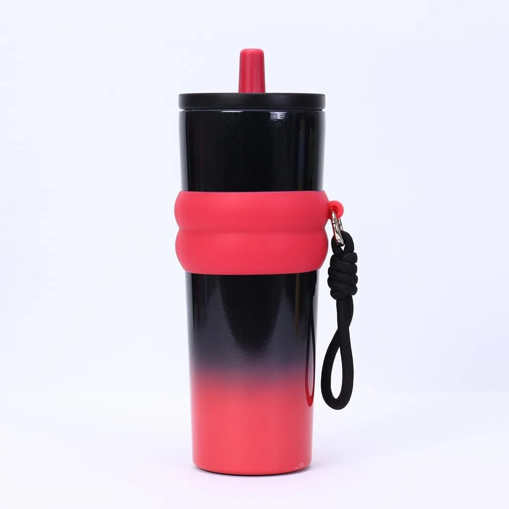 800ml Large Capacity 304 Stainless Steel Insulated Water Bottle, Portable Outdoor Straw Cup, Non-Slip, Leak-Proof, Car Cup (Red&Black 2)