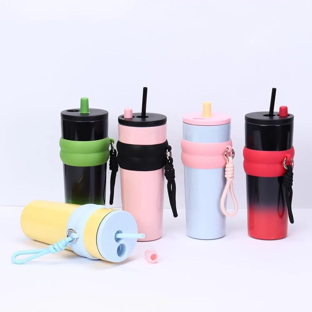 800ml Large Capacity 304 Stainless Steel Insulated Water Bottle, Portable Outdoor Straw Cup, Non-Slip, Leak-Proof, Car Cup (Red&Black 2)