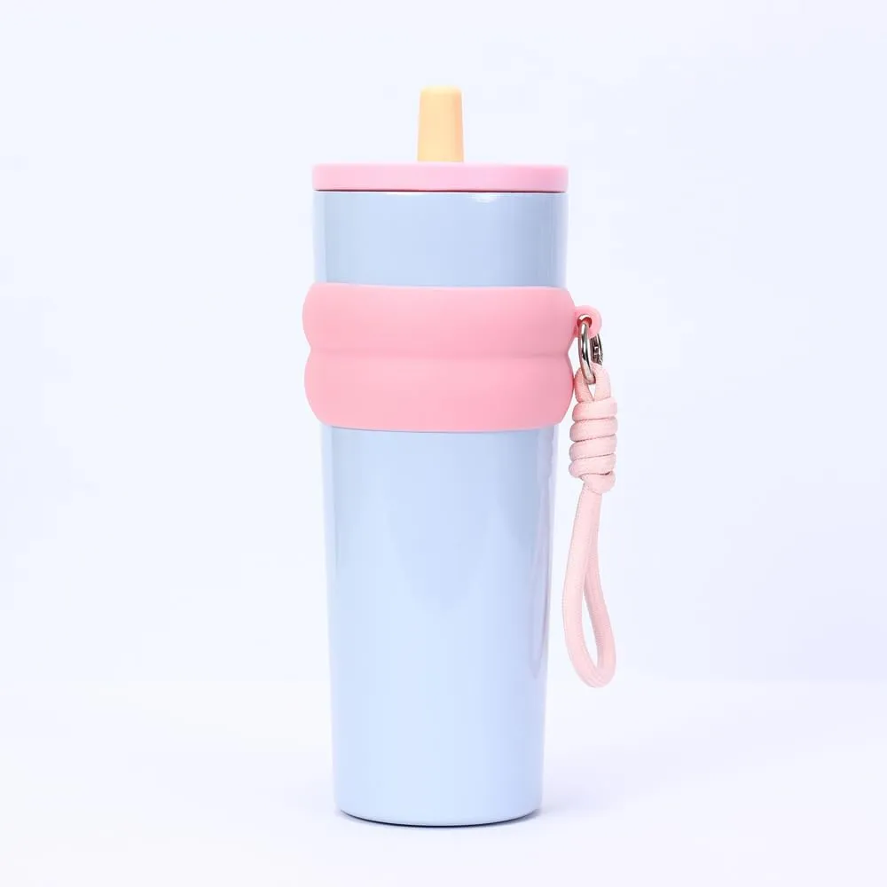 800ml Large Capacity 304 Stainless Steel Insulated Water Bottle, Portable Outdoor Straw Cup, Non-Slip, Leak-Proof, Car Cup (Yellow&Blue)