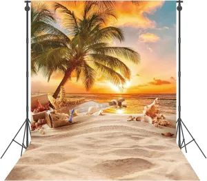 8X10ft Polyester Summer Beach Seaside Sunset Backdrop Tropical Hawaiian Ocean Palm Tree Photography Background for Aloha Luau Party Decoration Supplies Banner Photo Booth Props