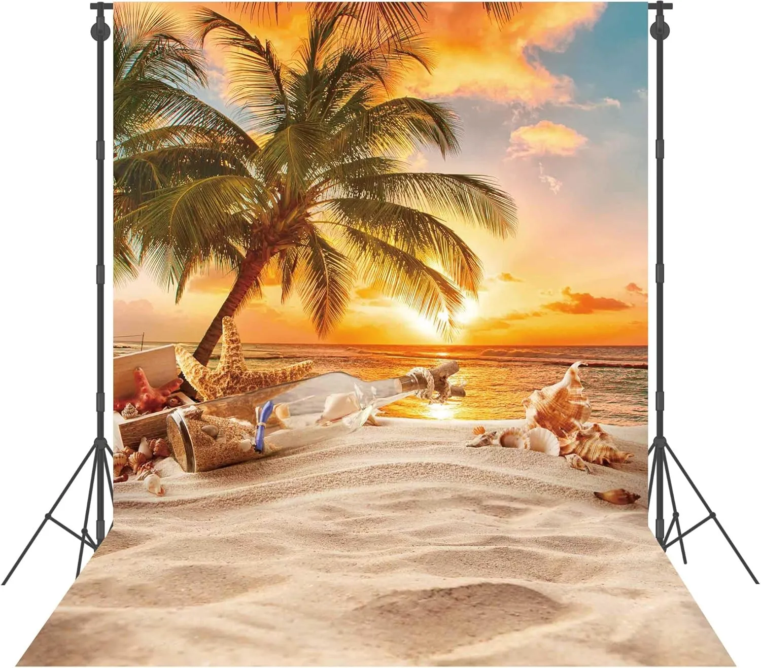 8X10ft Polyester Summer Beach Seaside Sunset Backdrop Tropical Hawaiian Ocean Palm Tree Photography Background for Aloha Luau Party Decoration Supplies Banner Photo Booth Props