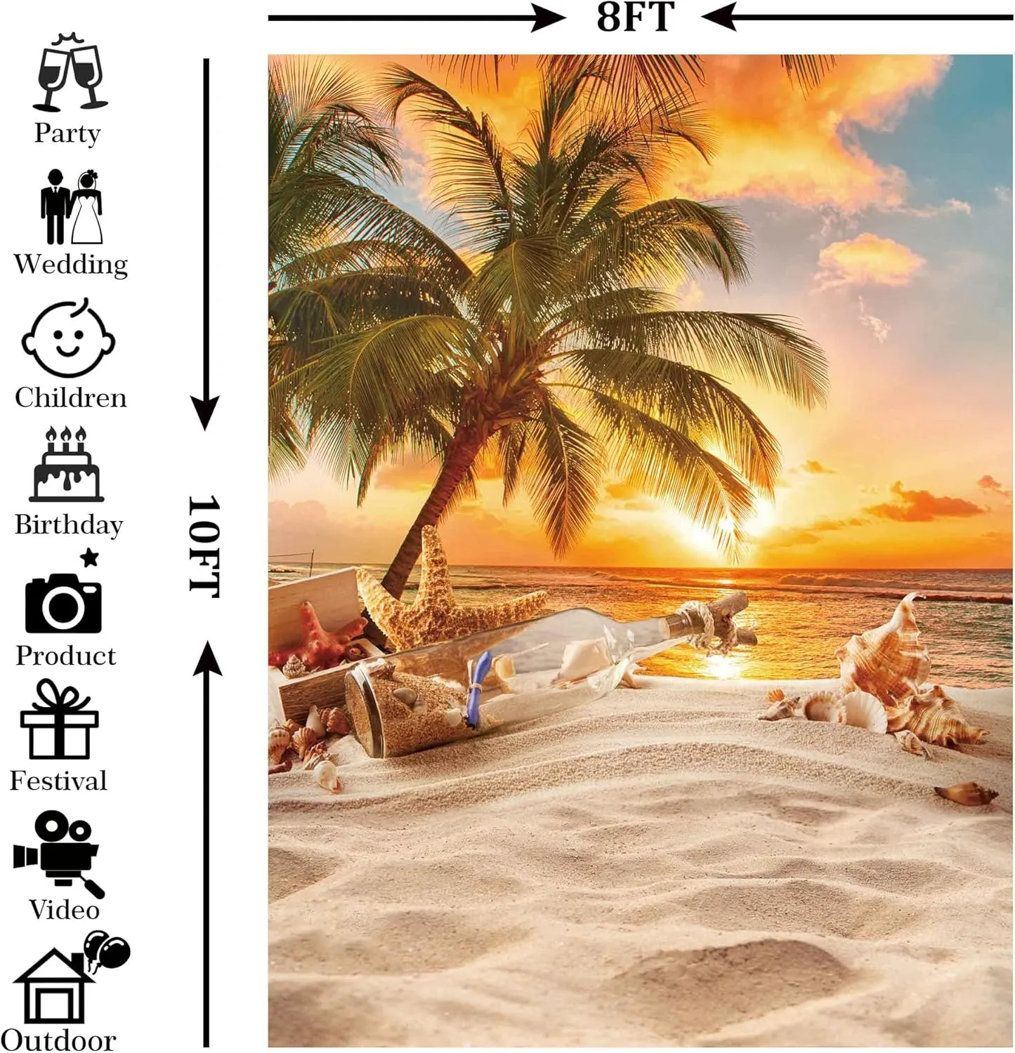 8X10ft Polyester Summer Beach Seaside Sunset Backdrop Tropical Hawaiian Ocean Palm Tree Photography Background for Aloha Luau Party Decoration Supplies Banner Photo Booth Props