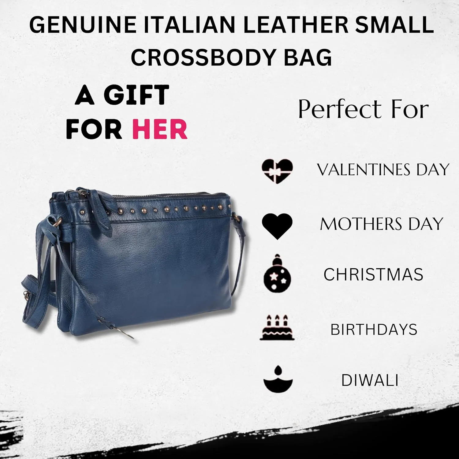 9 inch Women's Genuine Italian Leather Boho Studded Crossbody Sling Bag – Premium Quality, Stylish