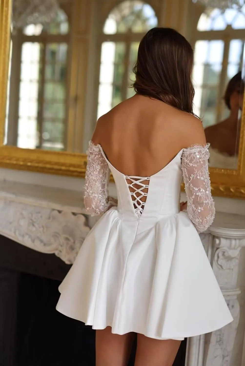 A-line Pleated Satin Short Wedding Dress for Bride, Mini V Neck Bridal Dress for Women Off The Shoulder