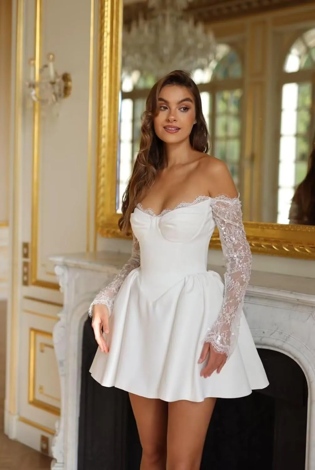 A-line Pleated Satin Short Wedding Dress for Bride, Mini V Neck Bridal Dress for Women Off The Shoulder