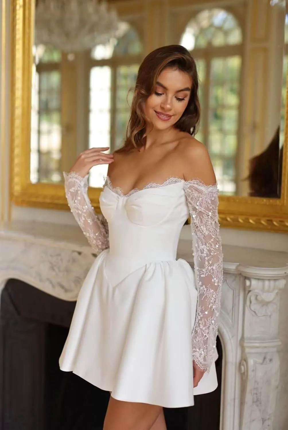 A-line Pleated Satin Short Wedding Dress for Bride, Mini V Neck Bridal Dress for Women Off The Shoulder