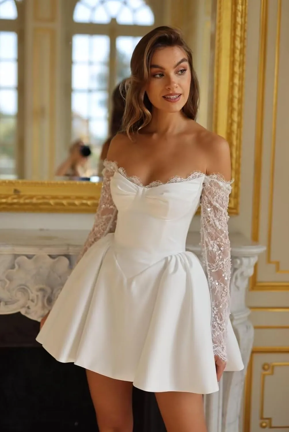 A-line Pleated Satin Short Wedding Dress for Bride, Mini V Neck Bridal Dress for Women Off The Shoulder
