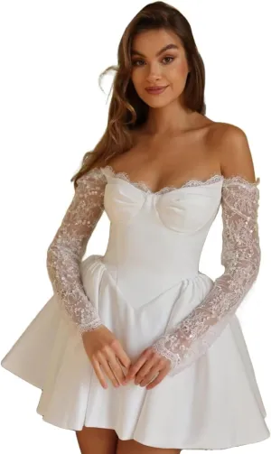 A-line Pleated Satin Short Wedding Dress for Bride, Mini V Neck Bridal Dress for Women Off The Shoulder