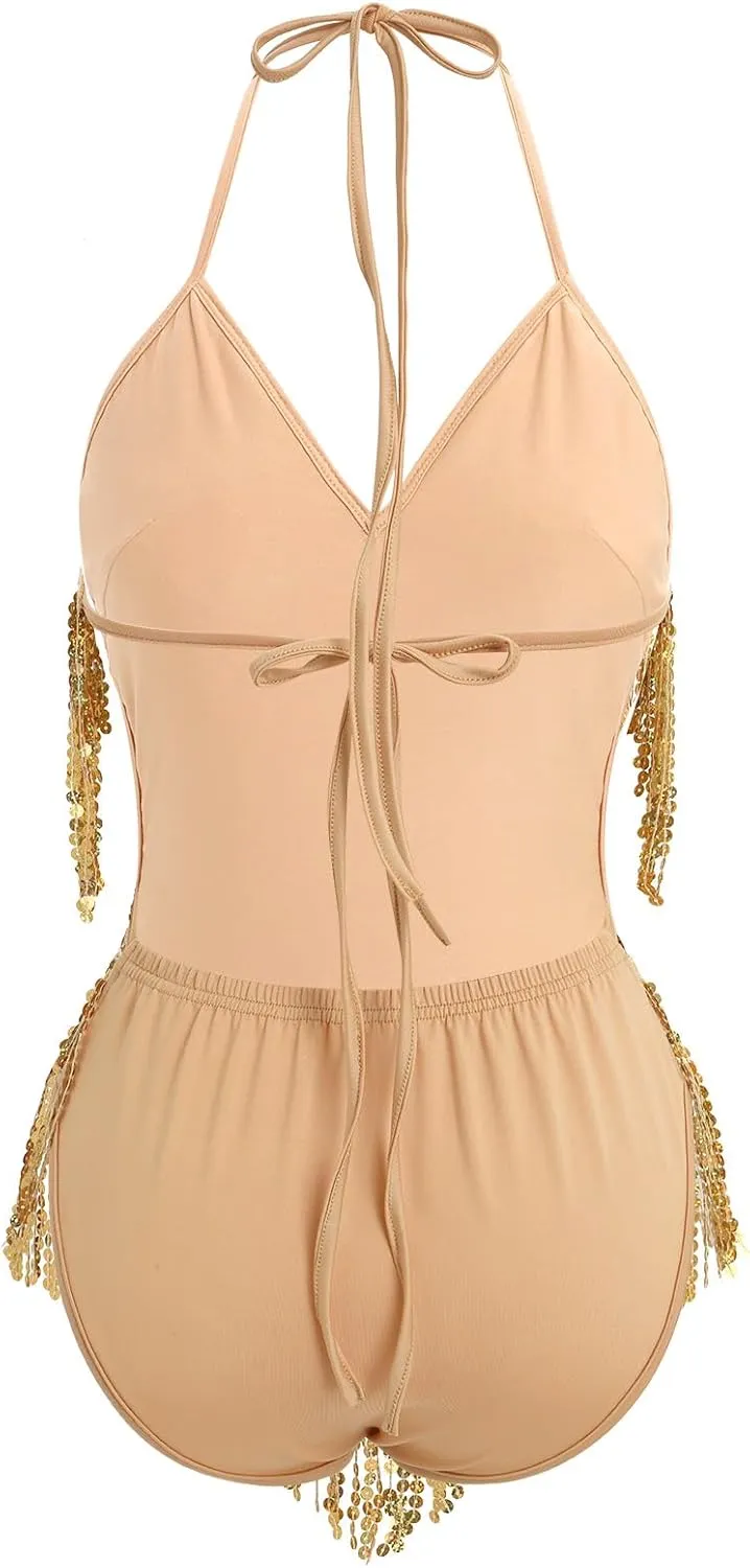 ABAFIP Women's Sequin Fringe Dance Bodysuit Halter V-Neck Sparkly Tassel Leotard Rave Festival Outfits