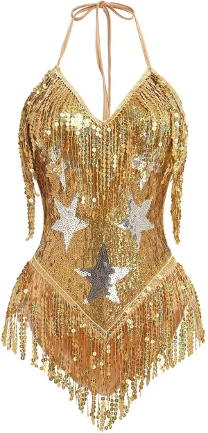 ABAFIP Women's Sequin Fringe Dance Bodysuit Halter V-Neck Sparkly Tassel Leotard Rave Festival Outfits