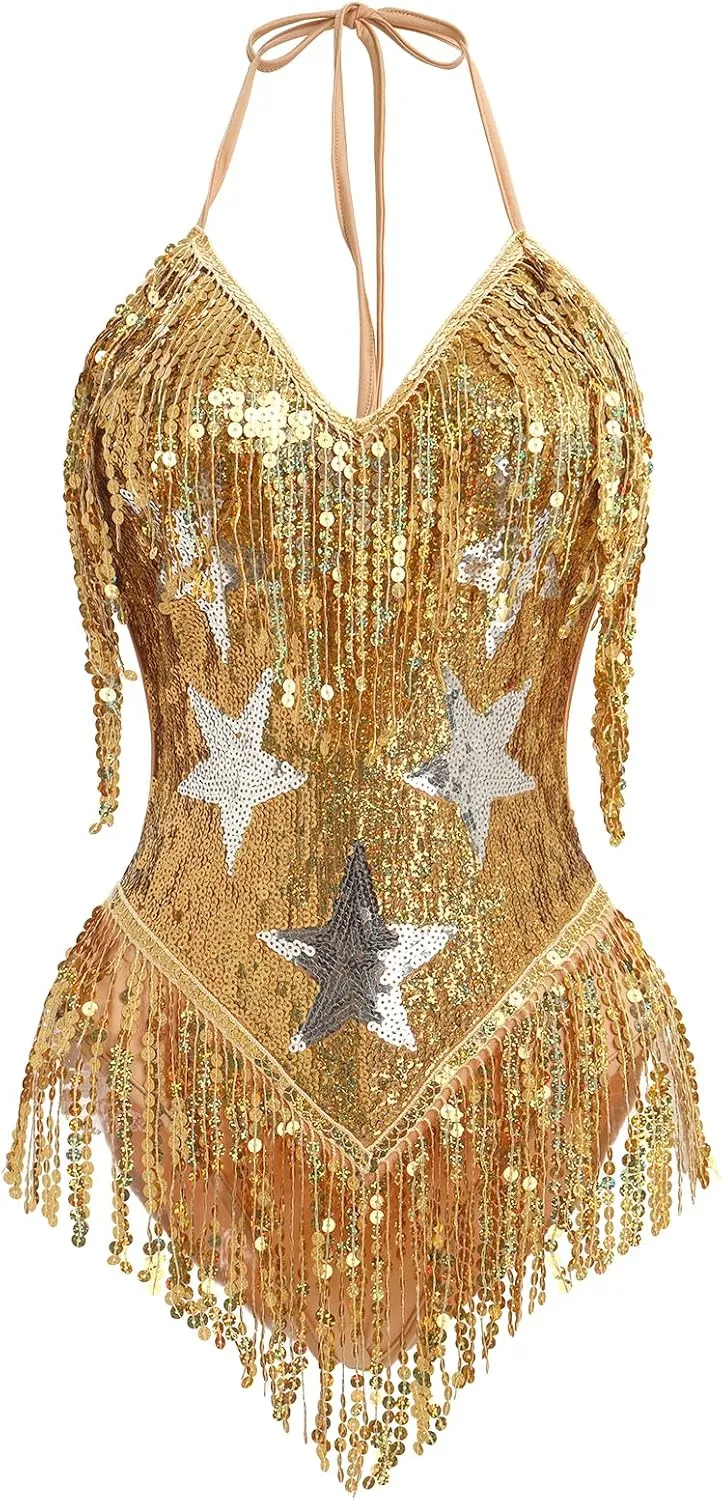 ABAFIP Women's Sequin Fringe Dance Bodysuit Halter V-Neck Sparkly Tassel Leotard Rave Festival Outfits