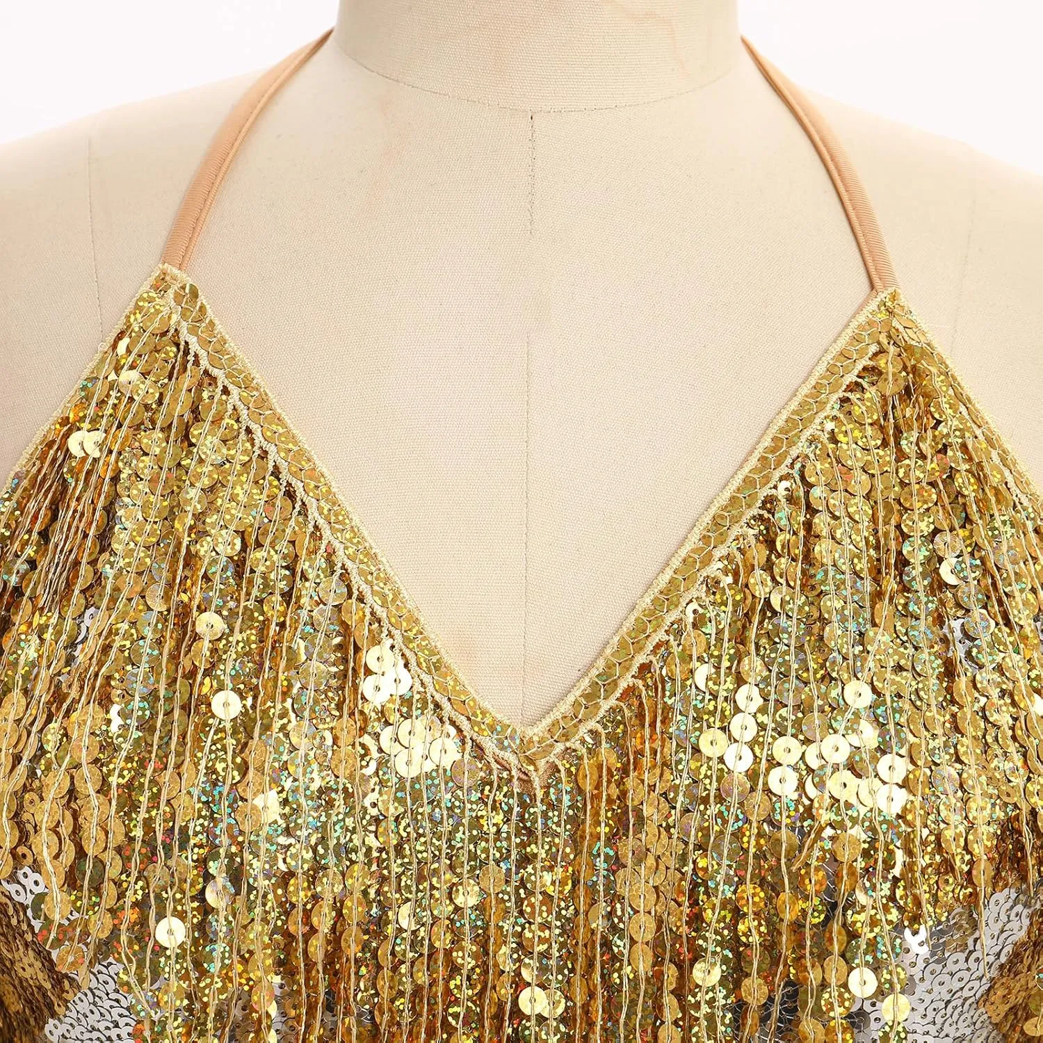 ABAFIP Women's Sequin Fringe Dance Bodysuit Halter V-Neck Sparkly Tassel Leotard Rave Festival Outfits
